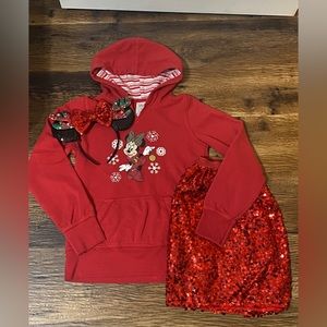 Girl’s Minnie Christmas Disney Hoodie Size Large, Cat & Jack Sequin Skirt & Ears